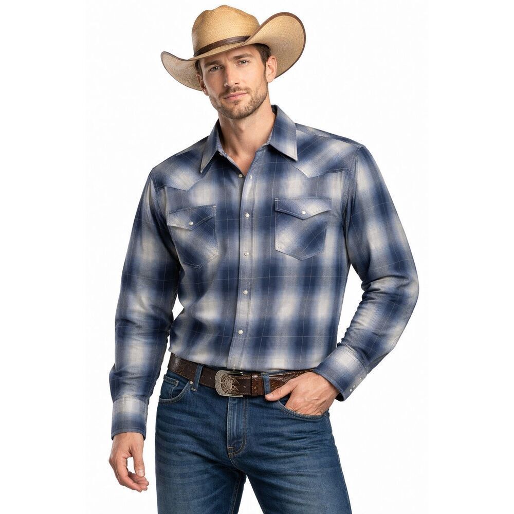 Canyon Guide Outfitters 2X Blue Plaid‎ Western Pearl Snap Shirt Long Sleeve